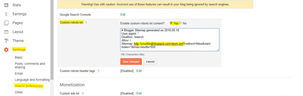 sitemap setting