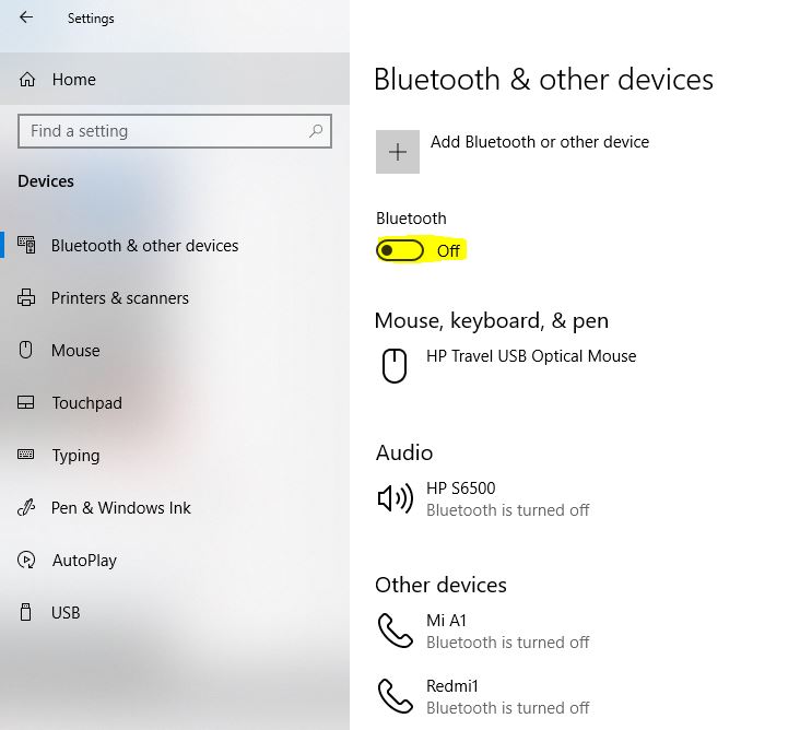 Bluetooth on from setting