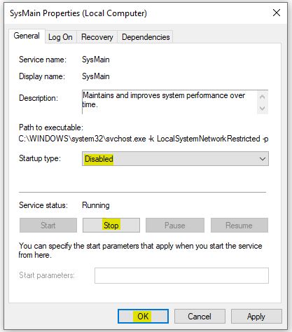 turn off SysMain