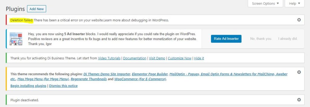 Deletion failed: There has been a critical error on your website.Learn more about debugging in WordPress.