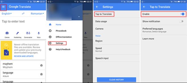 Activate Tap to Translate in Google Translate